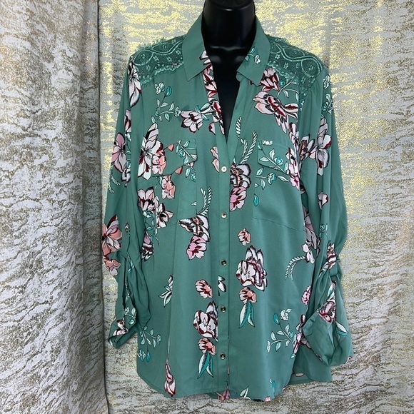 Candie's Mint Green Floral Button Down Blouse Size XL - Picture 3 of 16